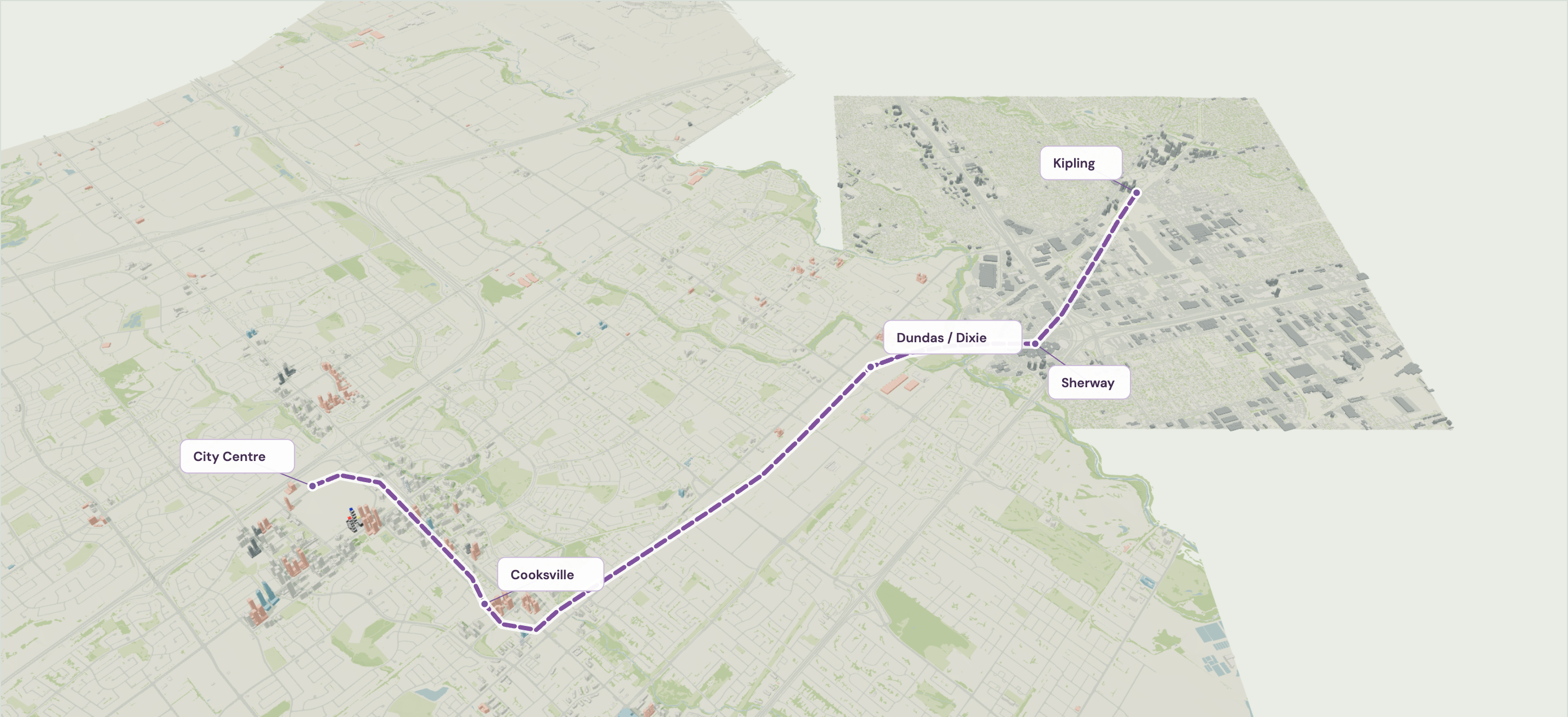 The joined Mississauga and Toronto 3D city model with an illustrative purple corridor from City Centre through Cooksville and Sherway to Kipling.