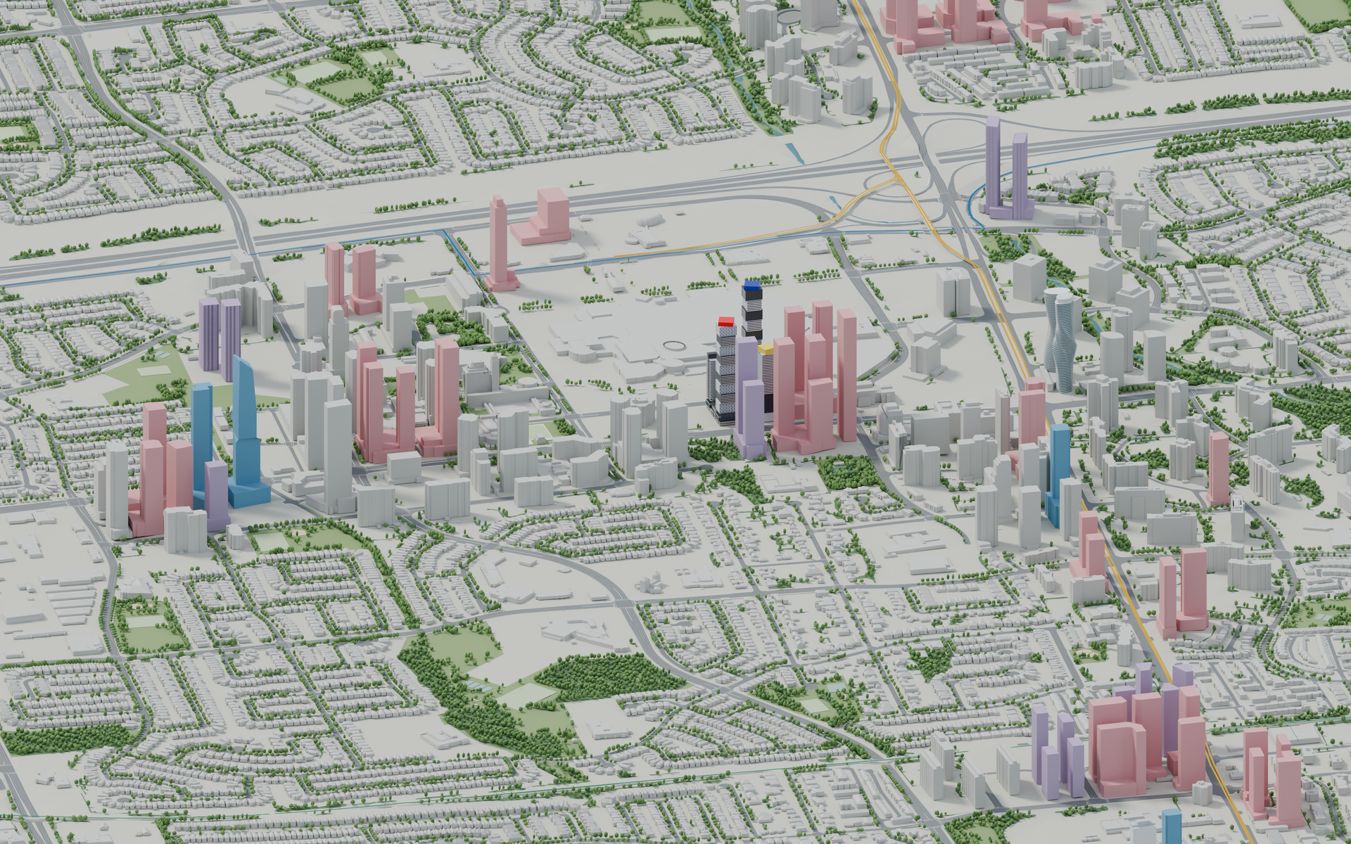 Oblique architectural model of downtown Mississauga, with the next skyline set within streets, parks and existing neighbourhoods
